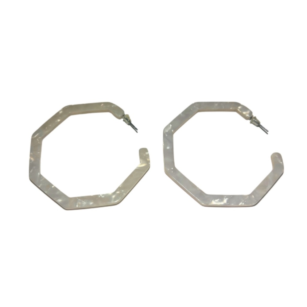 Mother of Pearl 2” Octagon Resin Hoop Earrings | White | New - Picture 4 of 5